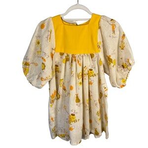 Playful Handmade Yellow and Cream Kids Dress with Cat Print Size 6-7